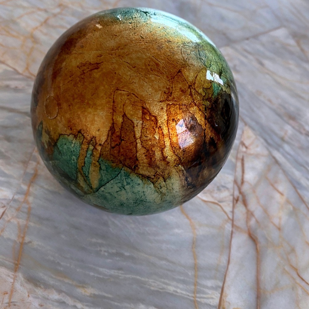 Artisan Ceramic Bud Vase Orb Gold Copper Green Reactive Glaze 3.5 Inch Pier 1